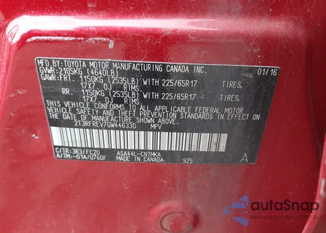 2016 Toyota Rav4 Xle из США, поврежденный, VIN 2T3RFREV7GW446330